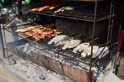 格子烤肉,泰国,食盐,煤,鱼类,煎鸡肉,柔和,炊具,手提炉,对焦