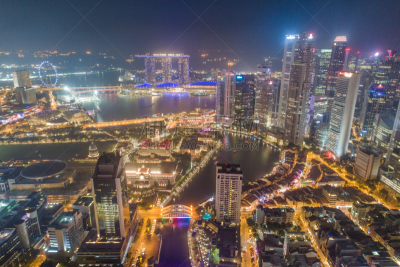 Aerial view Panoramic of the Singapore Skyline and Marina Bay, the marina is the centre of the economy in singapore, there are here all the building in singapore central