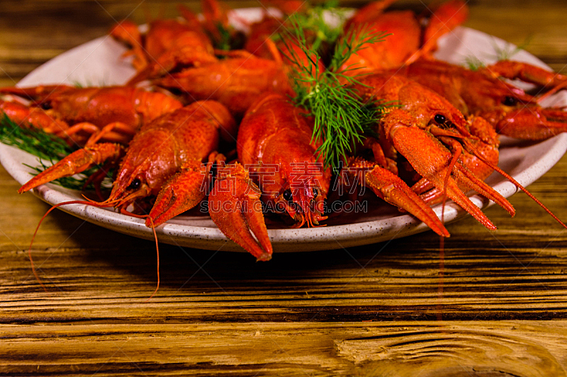 螯虾,煮食,木制,盘子,桌子,热,香料,螃蟹,堆,动物
