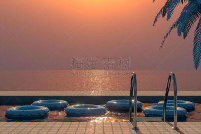 棕榈树,夏天,海洋,游泳池,概念,橡胶游泳圈,热带气候,简单,复古风格,三维图形