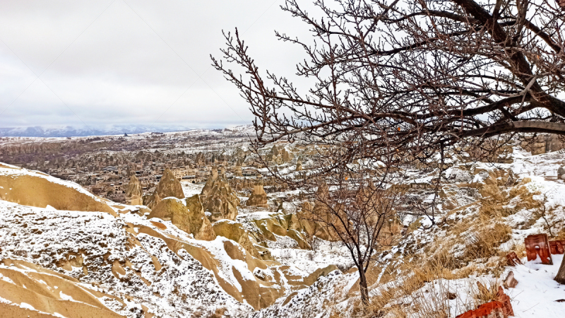 土耳其,雪,洞穴,乌奇夏,卡帕多奇亚,烟囱石,城堡,万岩柱,寒冷,安纳托利亚