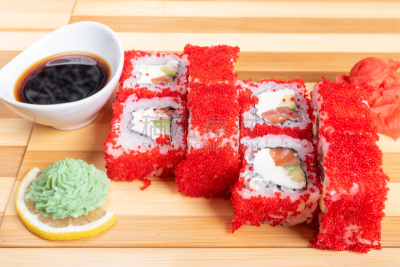 红色,生姜,小鱼籽,加州卷,特写,菜单,日本食品,米,三文鱼,生鱼片寿司