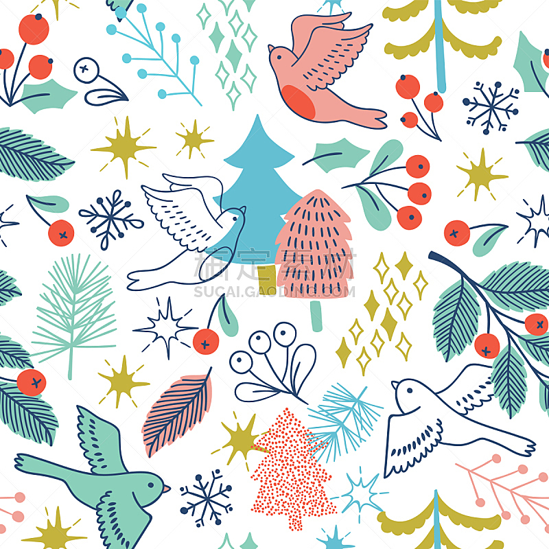 绘画插图,鸟类,四方连续纹样,矢量,贺卡,纺织品,雪,传统,符号