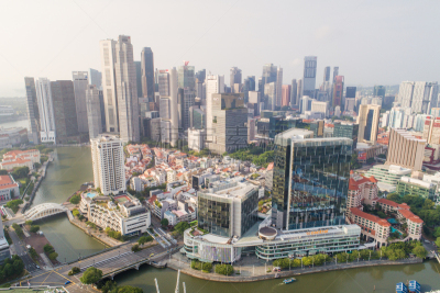 Aerial view Panoramic of the Singapore Skyline and Marina Bay, the marina is the centre of the economy in singapore, there are here all the building in singapore central