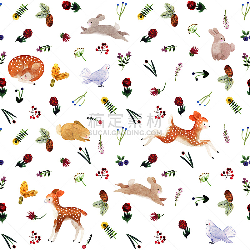 四方连续纹样,华丽的,水彩画颜料,背景分离,复古风格,模板,动物,兔子,植物,情人节