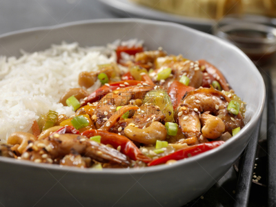 腰果鸡丁,,热,海鲜酱,暗色,香料,米,东方食品,中国食品,白肉