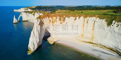 法国,诺曼底,诺曼底埃特塔尔海滩,全景,自然拱,白垩,悬崖,地形,白色