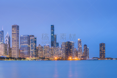 市区,芝加哥市,城市天际线,美国中西部地区,伊利诺斯州,谢德水族馆,曙暮光,黄昏,广场,建筑