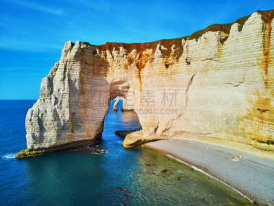 法国,诺曼底,诺曼底埃特塔尔海滩,全景,自然拱,白垩,悬崖,地形,白色