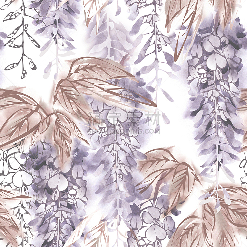 紫藤,四方连续纹样,日本紫藤,华丽的,线条,水彩画颜料,纺织品,模板,色彩鲜艳,涂料