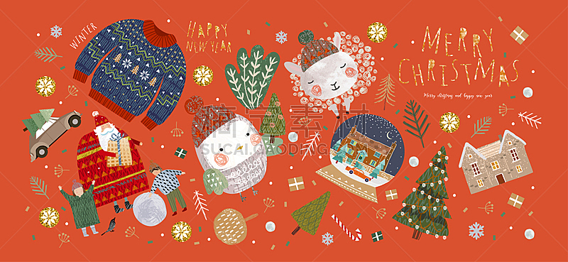家庭,汽车,动物,鸟类,圣诞树,房屋,矢量,可爱的,毛衣,新年前夕