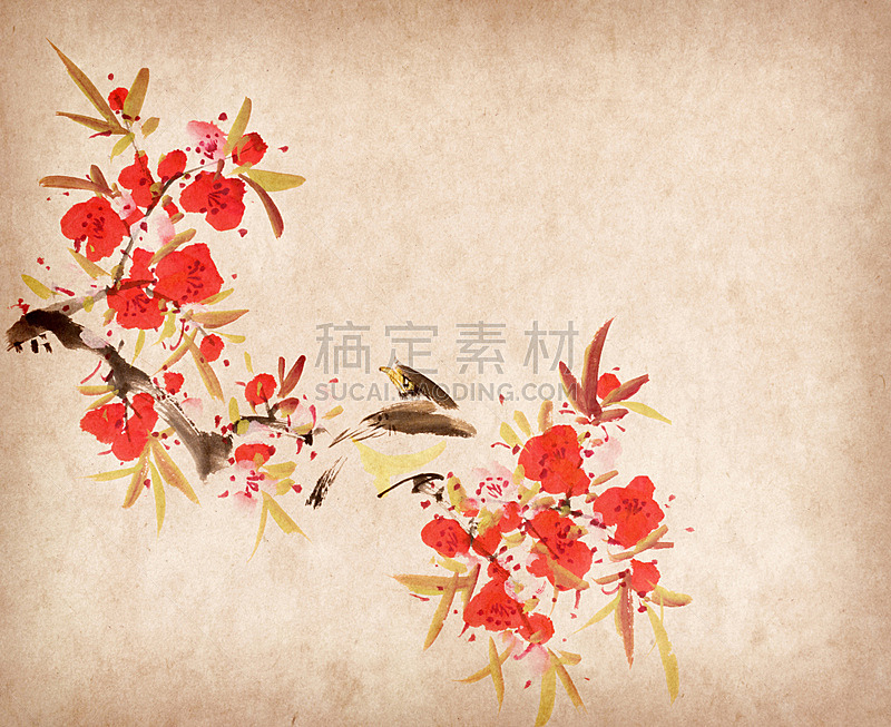 传统,鸟类,梅花,春天,中国画,美,绘画作品,艺术,水平画幅,纹理效果