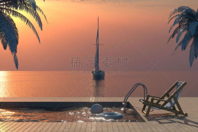 概念,棕榈树,夏天,户外椅,游泳池,有帆船,海洋,橡胶游泳圈,海滩充气球,简单