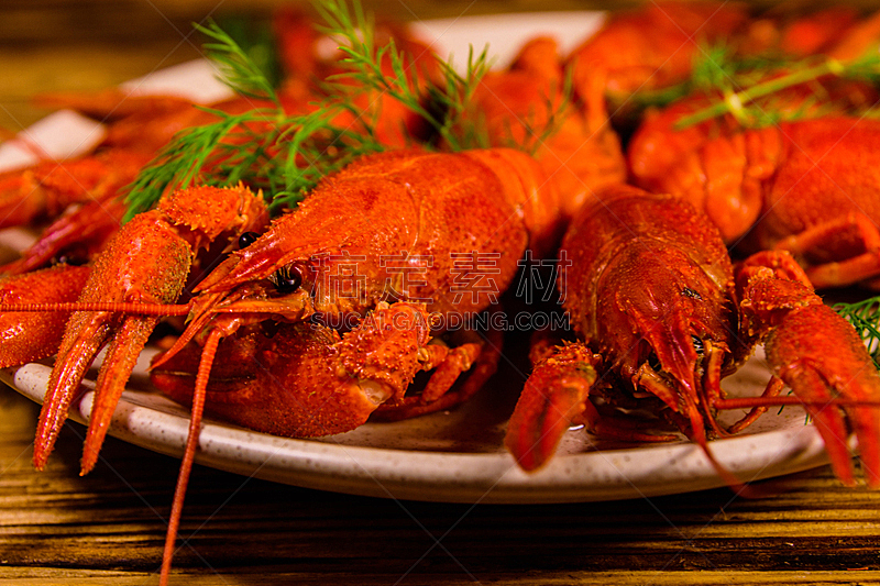 螯虾,煮食,木制,盘子,桌子,热,香料,螃蟹,堆,动物