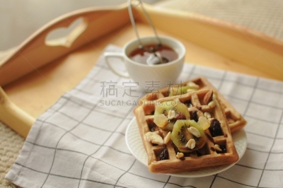 自制的,早餐,红茶,白色,盘子,头带,床,木制,比利时华夫饼干,热