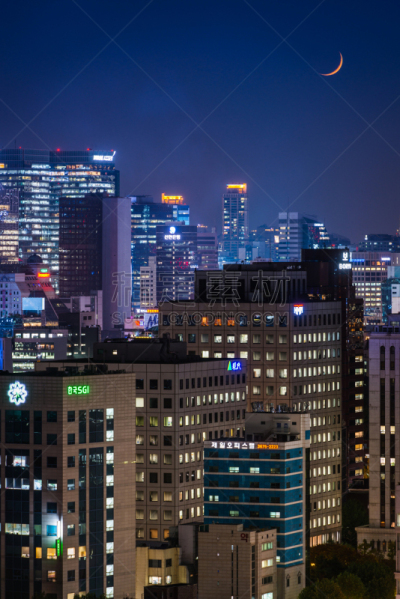 朝鲜半岛,夜晚,摩天大楼,月亮,都市风景,首尔,霓虹灯,新月形,天空,高视角