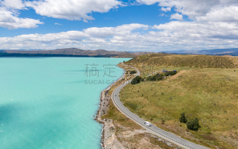 公路,色彩鲜艳,无人机,湖,新西兰南岛,风景,新西兰,普卡基湖,水,山