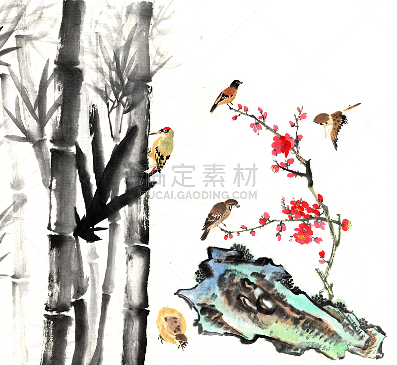 石头,花头,竹子,鸟类,李子,绘画插图,古老的,古典式,夏天