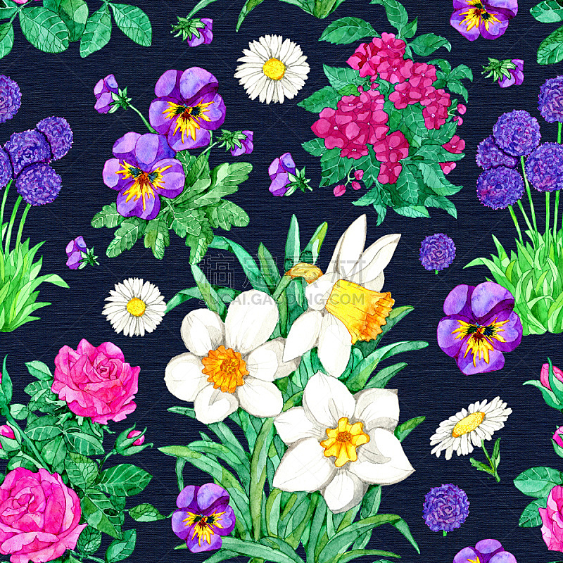 水仙花,三色紫罗兰,四方连续纹样,玫瑰,蓝色背景,花
