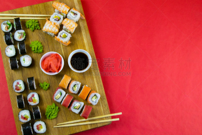 生鱼片寿司,木制,餐盘,寿司卷,美味,非凡的,天麸罗,视角,上装,卷起