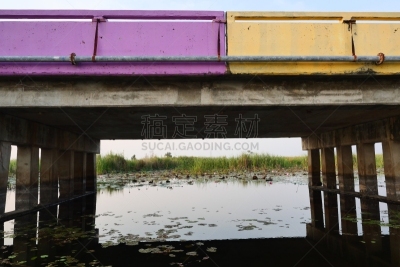 运河,在下面,混凝土,黄色,紫色,桥,泰国,草,池塘,河流