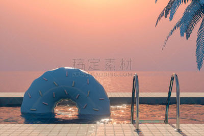 多纳圈,夏天,海洋,游泳池,概念,超现实主义的,橡胶游泳圈,热带气候,简单,复古风格
