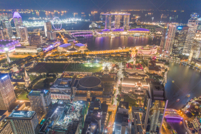 Aerial view Panoramic of the Singapore Skyline and Marina Bay, the marina is the centre of the economy in singapore, there are here all the building in singapore central
