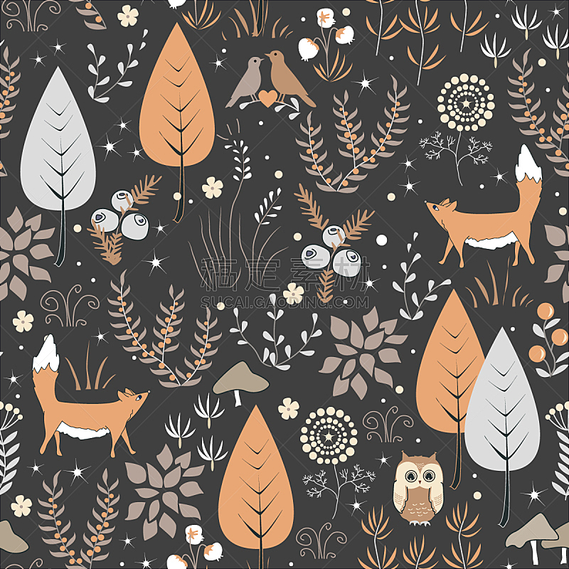 四方连续纹样,矢量,可爱的,狐狸,森林,植物群,鸟类,绘画插图,调色板,艺术