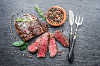牛排,半熟品,石墨,草本,厚木板,格子烤肉,腰肉,部分,肋骨,食品