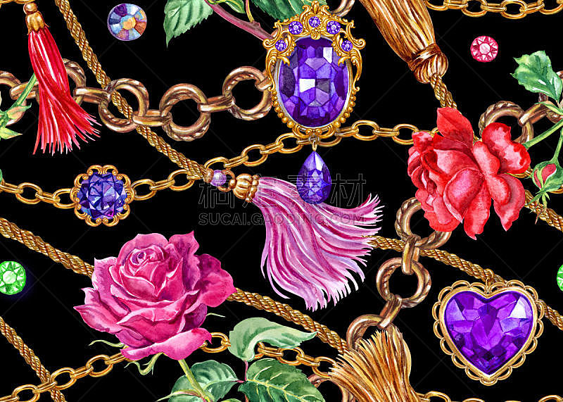 链,四方连续纹样,画笔,人造钻石,黑色背景,胸针,玫瑰,华丽的,水彩画颜料,纺织品
