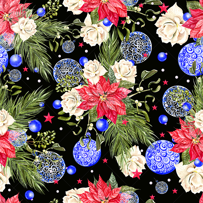 圣诞树,四方连续纹样,玫瑰,星形,晚会,新年,蓝色,手工着色,装饰