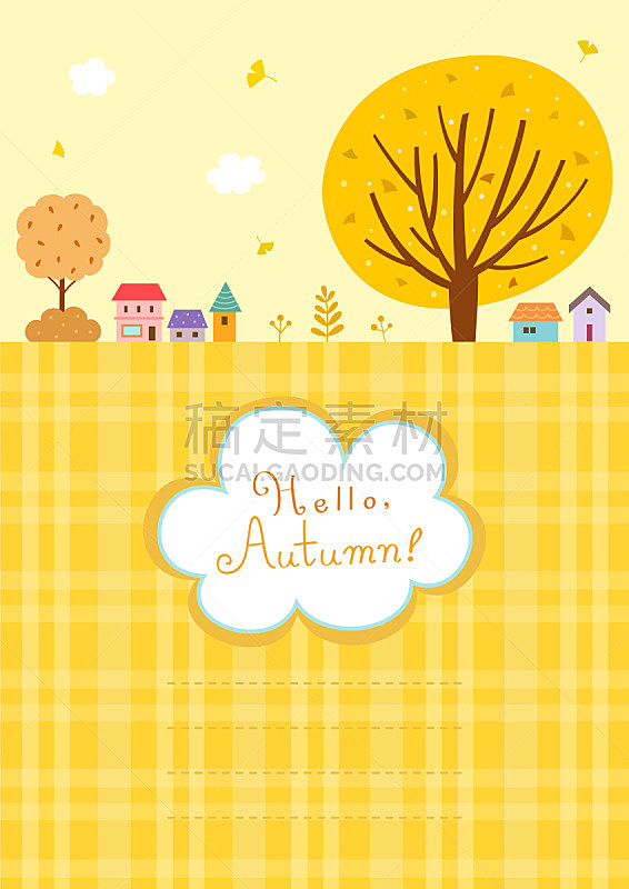 地形,秋天,乡村,银杏树,垂直画幅,天空,贺卡,枝繁叶茂,绘画插图,草