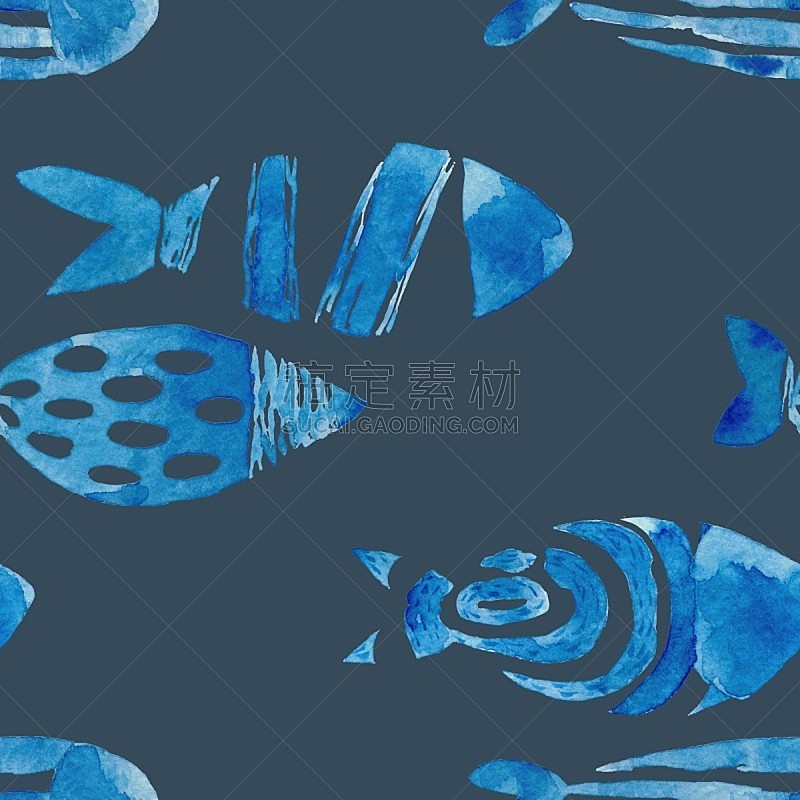 四方连续纹样,背景,鱼类,海产,水彩画,水彩背景,竹荚鱼类,深的,水彩画颜料,清新