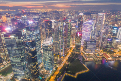 Aerial view Panoramic of the Singapore Skyline and Marina Bay, the marina is the centre of the economy in singapore, there are here all the building in singapore central