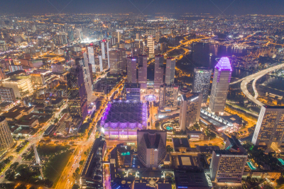 Aerial view Panoramic of the Singapore Skyline and Marina Bay, the marina is the centre of the economy in singapore, there are here all the building in singapore central