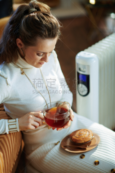 现代,女人,散热器,发髻,茶杯,垂直画幅,留白,座位,铝,家庭生活