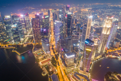 Aerial view Panoramic of the Singapore Skyline and Marina Bay, the marina is the centre of the economy in singapore, there are here all the building in singapore central