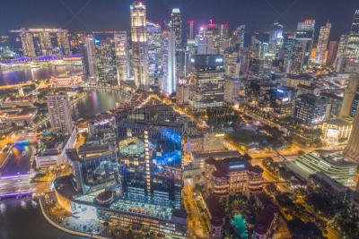 Aerial view Panoramic of the Singapore Skyline and Marina Bay, the marina is the centre of the economy in singapore, there are here all the building in singapore central