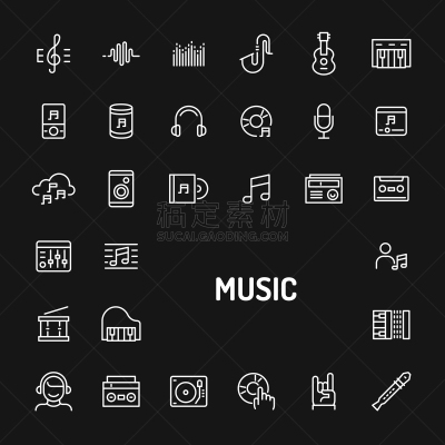 乐器,音乐,简单,线条,图标集,歌手,电动搅拌器,手风琴,绘画插图,聚会的音乐主持人