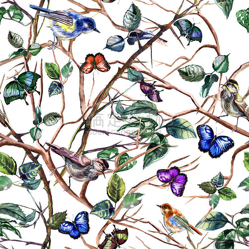 纺织品,壁纸,鸟类,四方连续纹样,背景,枝,蝴蝶,式样,包装,覆盖