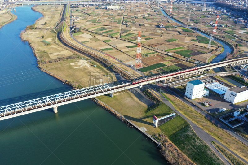 江户川,在上面,城镇景观,无人机,铁轨轨道,河流,户外,日本,桁架桥,铁路运输