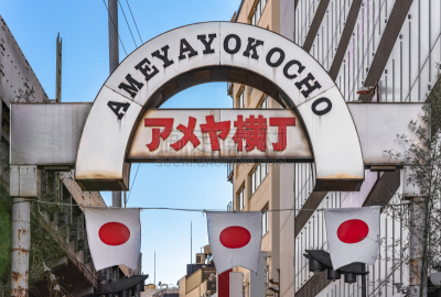 Japan national flags at the gate of the Ameyokocho street in Tokyo.