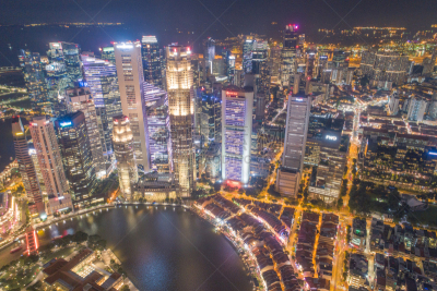 Aerial view Panoramic of the Singapore Skyline and Marina Bay, the marina is the centre of the economy in singapore, there are here all the building in singapore central