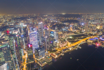 Aerial view Panoramic of the Singapore Skyline and Marina Bay, the marina is the centre of the economy in singapore, there are here all the building of all the majors bank and insurance.