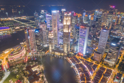 Aerial view Panoramic of the Singapore Skyline and Marina Bay, the marina is the centre of the economy in singapore, there are here all the building in singapore central