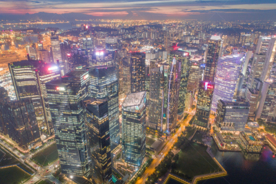 Aerial view Panoramic of the Singapore Skyline and Marina Bay, the marina is the centre of the economy in singapore, there are here all the building in singapore central