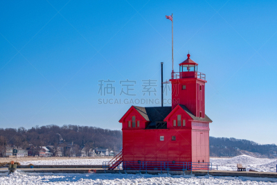 Michigan red lighthouse in winter