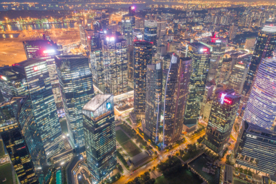 Aerial view Panoramic of the Singapore Skyline and Marina Bay, the marina is the centre of the economy in singapore, there are here all the building of all the majors bank and insurance.