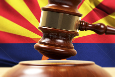 Wood Gavel Standing Front Of the Arizona State Flag Closeup 3d Render