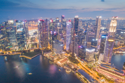 航拍视角,滨海湾 ,新加坡市,游艇码头,城市天际线,全景,横截面,中环,金融,公亩